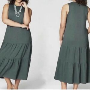 NWT J. Jill Sleeveless Fatigue Green Cotton Blend Knit Tiered Midi Dress LP